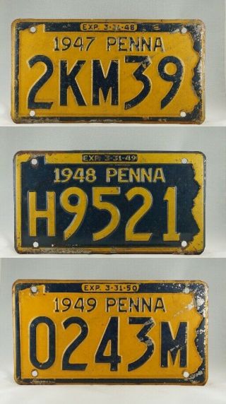 1947 - 1949 Pennsylvania Passenger License Plates - 3 Total Plates