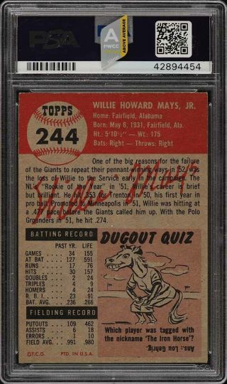 1953 Topps Willie Mays SHORT PRINT 244 PSA 6 EXMT (PWCC - A) 2