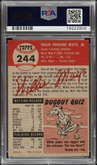 1953 Topps Willie Mays SHORT PRINT 244 PSA 5 EX (PWCC) 2