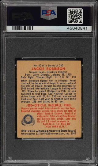 1949 Bowman Jackie Robinson ROOKIE RC 50 PSA 5 EX (PWCC) 2