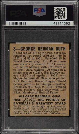1948 Leaf Babe Ruth 3 PSA 3.  5 VG,  (PWCC) 2