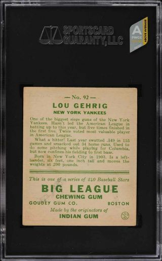 1933 Goudey Lou Gehrig 92 SGC 5 EX (PWCC - A) 2
