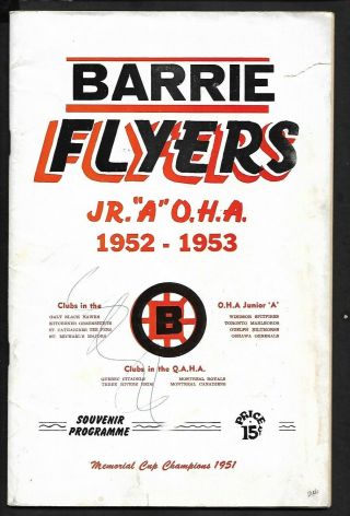 Program: 1952 - 53 Jr.  A Oha Montreal Canadiens At Barrie Flyers Feb 13 Don Cherry