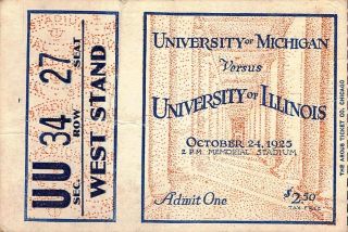 Rare 1925 Football Ticket Stub University Of Michigan Vs Illinois At Champaign