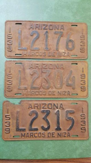 Three 1939 Arizona License Plates Marcos De Niza County