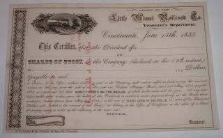 Little Miami Railroad Company Stock Certificate Cincinnati Ohio Unissued 1855