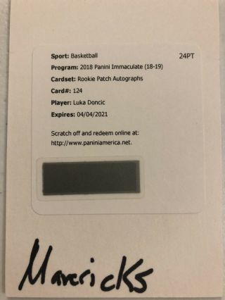 2018 - 19 Immaculate Luka Doncic 124 True Rpa Auto /99 Redemption Mavs