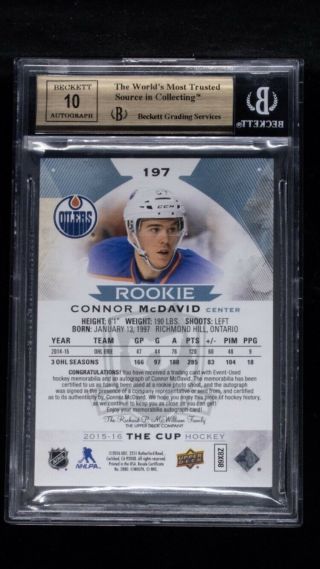 2015 - 16 UD The Cup Connor McDavid RC 3 - Color Patch AUTO /99 BGS 9.  5 w/ 10 POP 20 3