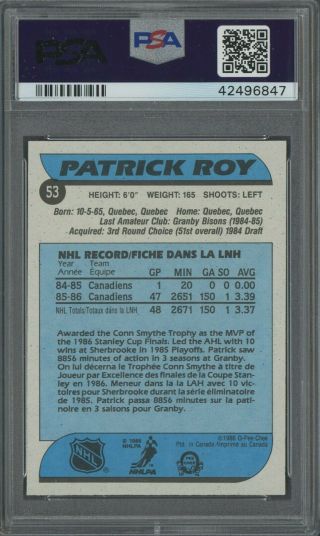 1986 O - Pee - Chee OPC 53 Patrick Roy Canadiens RC Rookie HOF PSA 10 