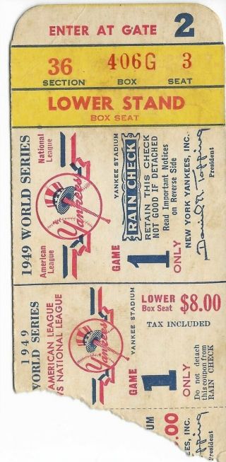 1949 World Series Ticket Stub (torn Edge) Ny Yankees Vs Brooklyn Dodgers Game 1
