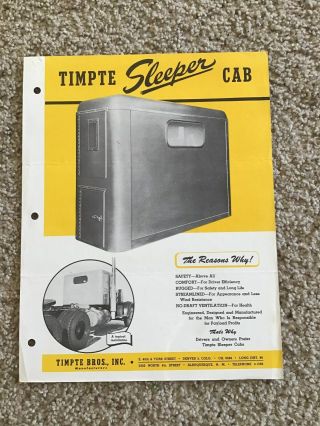 1940s Timpte Bros.  Inc.  Heavy - Duty Trucks,  Sleeper Cabs,  Sales Inform