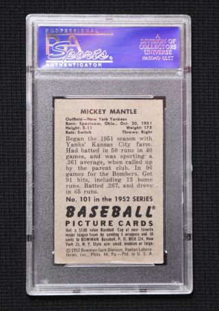 York Yankees Mickey Mantle 1952 Bowman 101 PSA Vg - Ex 4 Well Centered 2