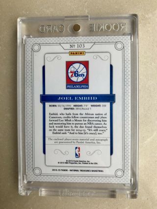 2014 - 15 National Treasures Joel Embiid Rc Rookie Patch Auto /99 RPA 2