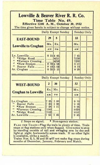 Lowville & Beaver River Railroad Card passenger time table,  No.  49,  Oct 30,  1932 2