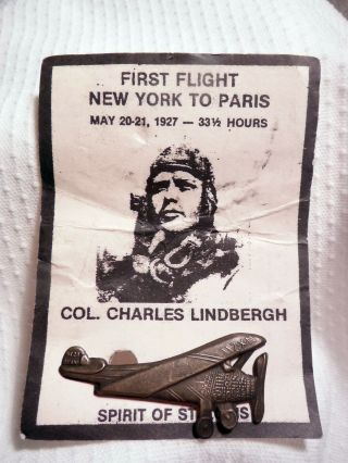 Vintage Spirit Of St.  Louis Pin Col.  Charles Lindbergh First Flight Ny To Paris