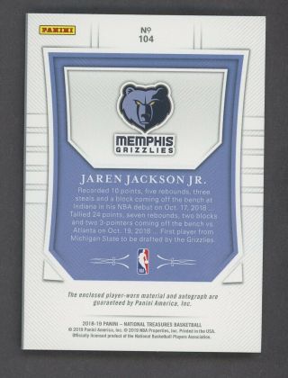 2018 - 19 National Treasures Jaren Jackson Jr.  Grizzlies RPA RC Patch AUTO 17/99 2
