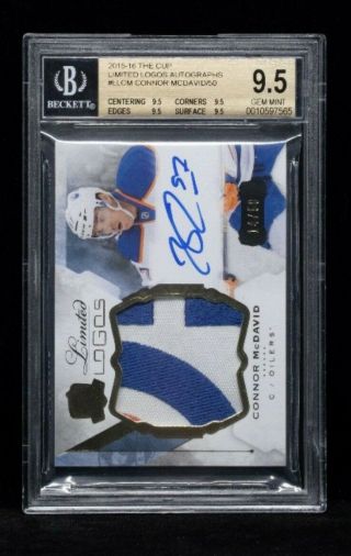 2015 - 16 Ud The Cup Limited Logos Connor Mcdavid Rc Logo Patch Auto /50 Bgs 9.  5