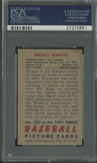 1951 Bowman 253 Mickey Mantle York Yankees RC Rookie HOF PSA 1 