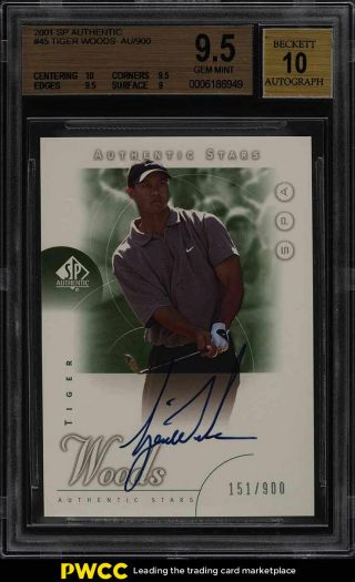 2001 Sp Authentic Golf Tiger Woods Rookie Rc Auto /900 45 Bgs 9.  5 Gem (pwcc)