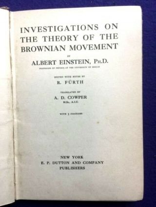 Albert Einstein.  Investigation On Theory Of The Brownian Movement.  Amer 1st 1926