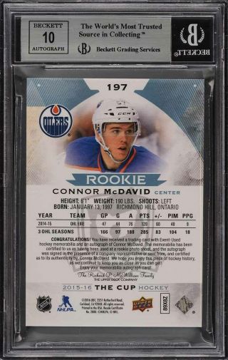 2015 - 16 UD The Cup Connor McDavid ROOKIE RC AUTO PATCH 92/99 197 BGS 8.  5 (PWCC) 2