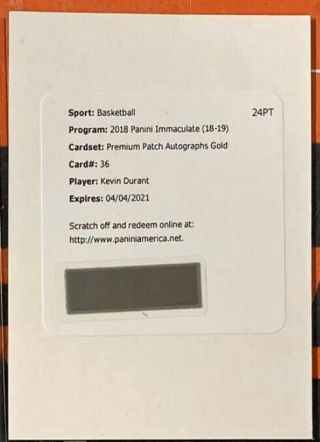 2018 - 19 Panini Immaculate Premium Patch Gold Auto Kevin Durant /5 Ssp