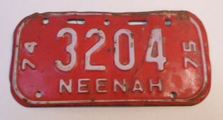 Vintage Wisconsin 1974 - 75 Neenah Bicycle License Plate