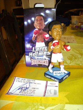 Larry Holmes Bobblehead Sga With Autographed Ticket From Game Lehigh Valley Pigs
