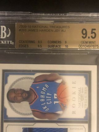2009 - 10 NATIONAL TREASURES JAMES HARDEN 3CLR PATCH ROOKIE RC /99 BGS 9.  5/10 AUTO 2