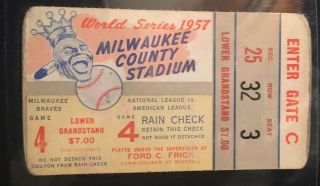 1957 World Series Ticket Milwaukee Braves Yankees Mickey Mantle Hank Aaron G4