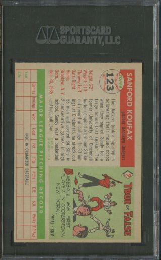 1955 Topps 123 Sandy Koufax Dodgers RC Rookie HOF SGC 84 NM 7 PACK FRESH 2