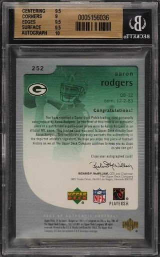 2005 SP Authentic Aaron Rodgers ROOKIE RC AUTO PATCH /99 252 BGS 9.  5 GEM (PWCC) 2