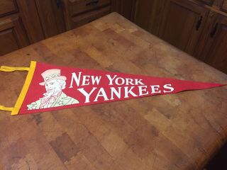 Vintage 1950’s York Yankees Pennant Red Felt Uncle Sam 26.  5” 
