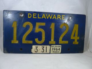 Vintage Delaware License Plate 1964 Sticker With Metal Month/day Tag