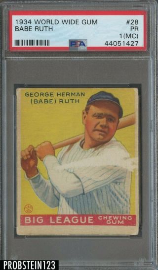 1934 Goudey World Wide Gum 28 Babe Ruth York Yankees Hof Psa 1 (mc)