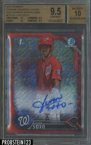 2016 Bowman Chrome Red Shimmer Refractor Juan Soto Nationals Rc Auto /10 Bgs 9.  5