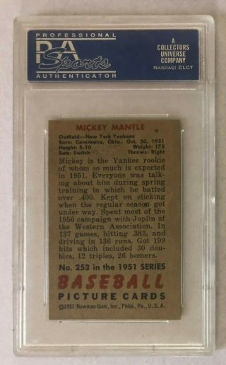 1951 Bowman Mickey Mantle ROOKIE RC 253 PSA 7 (oc) NM WOW 2