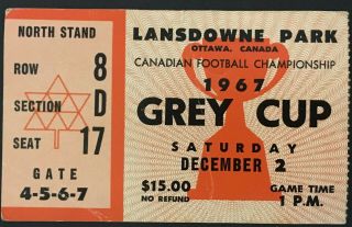 1967 Cfl Grey Cup Ticket Lansdowne Saskatchewan Roughriders Vs Hamilton Ti - Cats