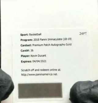 2018 - 19 Immaculate Premium Patch Auto Gold /5 Kevin Durant Warriors Wowzer 