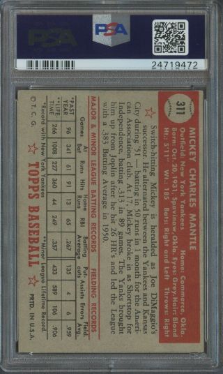 1952 Topps 311 Mickey Mantle Yankees RC HOF HIGH PSA 3 FANTASTIC CENTERING 2
