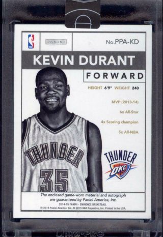 Kevin Durant 2014 - 15 Panini Eminence 1 OF 1 4Clr Patch Auto Platinum 1/1 2