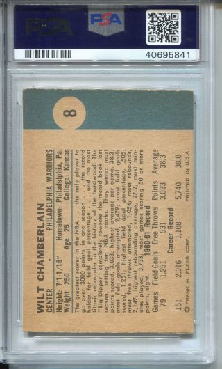 1961 Fleer Basketball 8 Wilt Chamberlain Rookie Card RC PSA NM - MT 8 (OC) 2