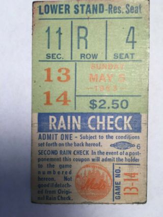 May 5,  1963 York Mets Vs Giants Ticket Stub Played At Polo Grounds