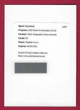 2018 - 19 Immaculate Stephen Curry Autograph Auto Patch Jersey Number Redemption