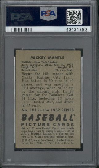 1952 Bowman 101 Mickey Mantle PSA Vg - Ex 4 PSA 4 2