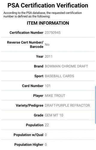 2011 Bowman Chrome Mike Trout Rookie Card 101 Draft Purple Refractor PSA 10 RC 3