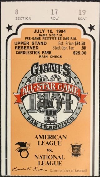 1984 Mlb Baseball All Star Game Ticket San Francisco Giants Candlestick Park