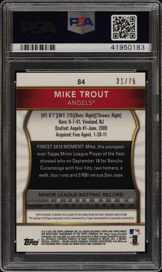 2011 Finest Gold Refractor Mike Trout ROOKIE RC AUTO /75 84 PSA 10 GEM (PWCC) 2