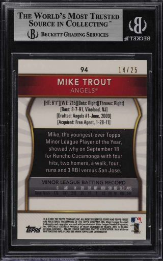 2011 Finest Red Refractor Mike Trout ROOKIE RC /25 94 BGS 9 (PWCC) 2
