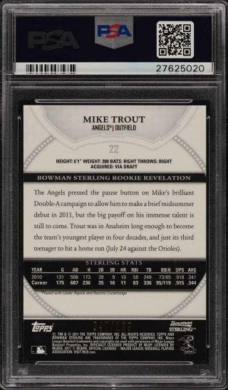 2011 Bowman Sterling Refractor Mike Trout ROOKIE RC /199 22 PSA 10 GEM (PWCC) 2
